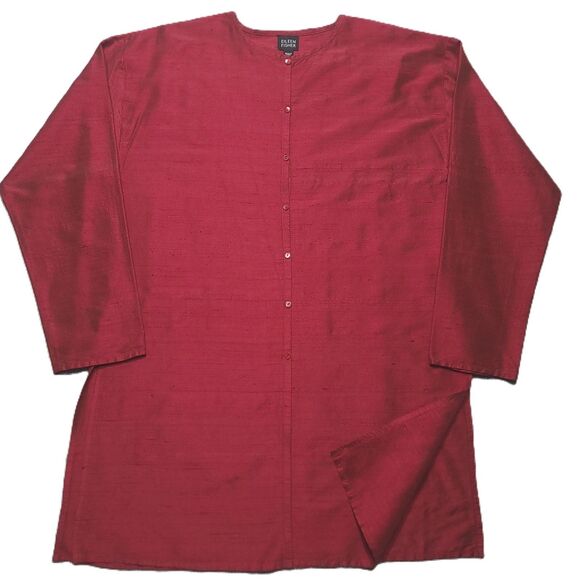 Eileen Fisher Tops - Eileen Fisher Womens S Tunic Silk Textured Button Up Long Sleeve Red Relaxed Top